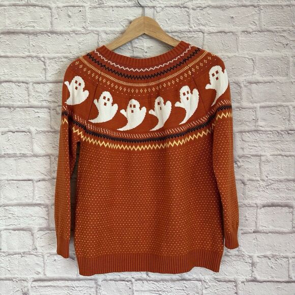 Halloween Spooky Ghost Knit Sweater Fair Isle Polka Dot Orange - Picture 4 of 4